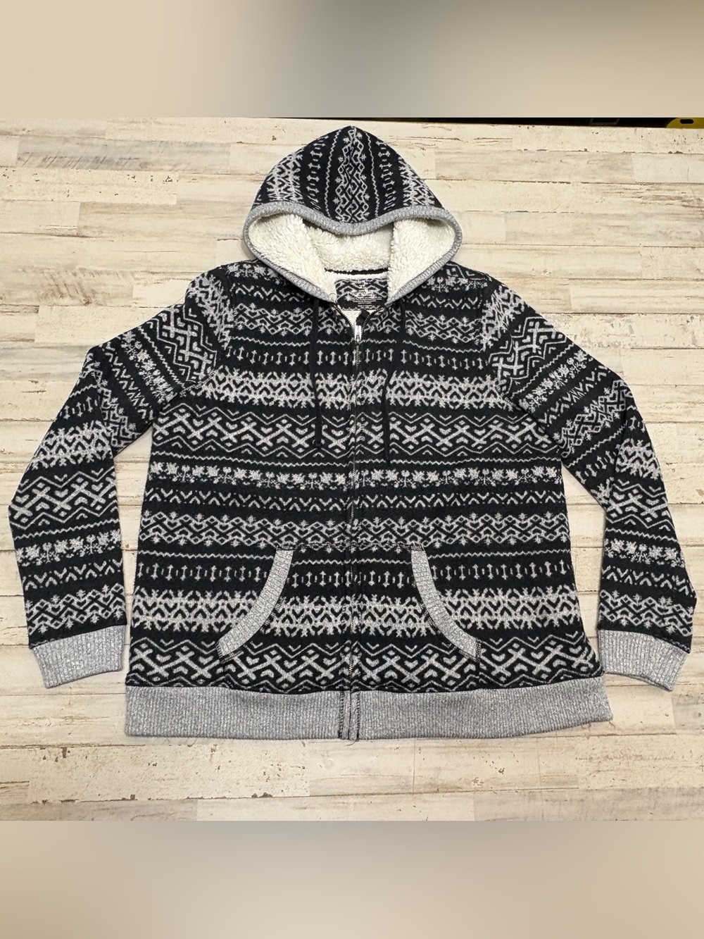 Sonoma Life Hoodie Full Zip Black White Aztec Faux Sherpa Lined Snowflakes XL